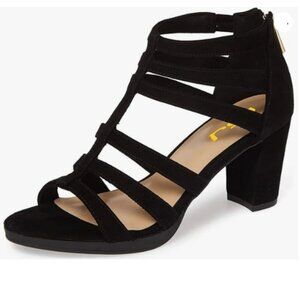 FSJ Women Chunky Mid High Heel Sandals Open Toe T-Strap Pumps Cutout Black